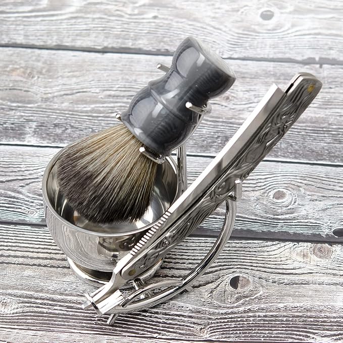 Grandslam Shaving Straight Razor Kit, Steel Cutthroat Straight Razor With Leather Strop, Shave Brush, Stainless Steel Shaving Bowl and Stand, Gift for Men