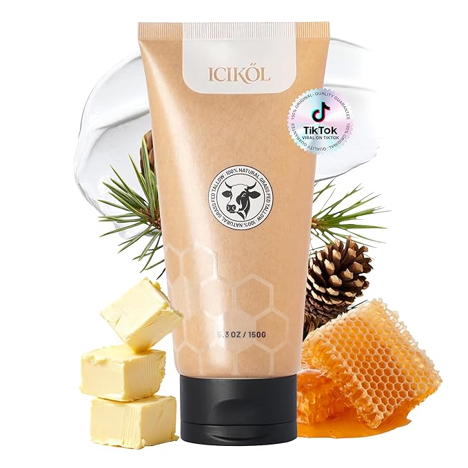 Organic Beef Tallow Honey Balm, Whipped Moisturizer for Face and Body, Grass-Fed Beef Tallow for Men, Cedarwood Scent, Natural Skin Nourishing Cream, Christmas Gifts Under 10 Dollars, 5.3 oz