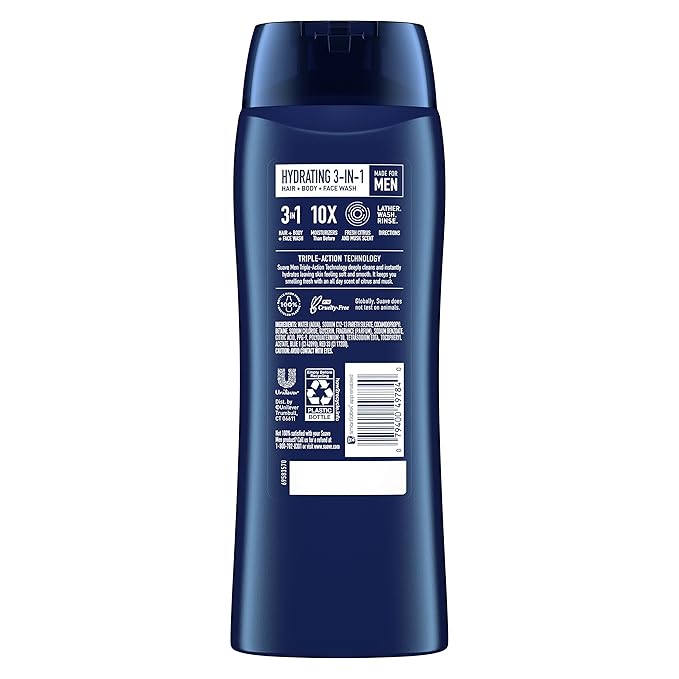 Suave Men 3 in 1 Mens Body Wash, Body Soap for Hydrated Skin and Hair, Hair, Face and Body Wash, With an All day Fresh Scent 18 oz (Pack of 2)