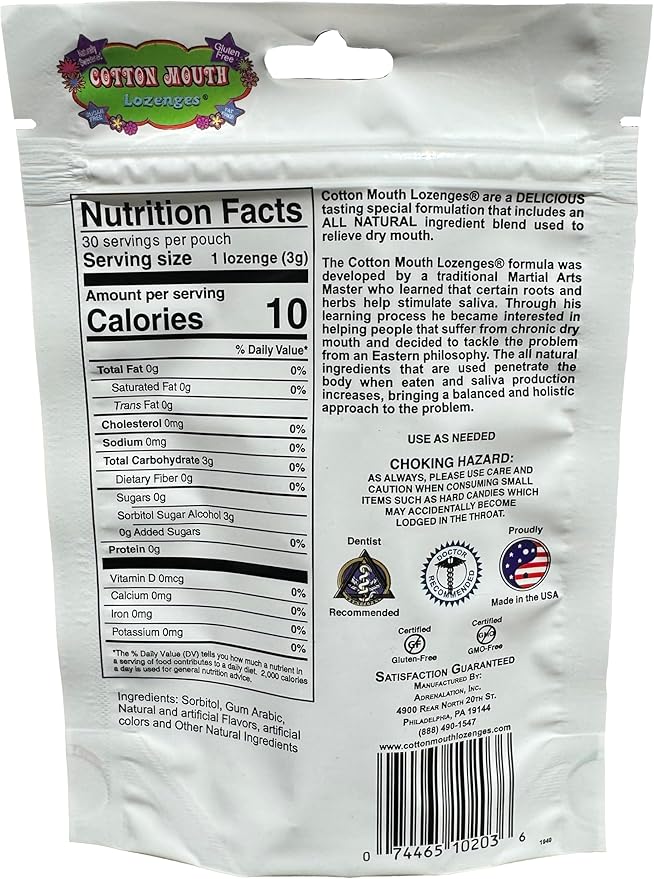 Cotton Mouth Lozenges Dry Mouth Relief Mint Mix 3.3 Ounce Bag (1 Bag) | Freshens Breath & Increases Saliva Production, Sugar Free, Gluten Free, Delicious Mint Flavor, Individually Wrapped, 30 Ct