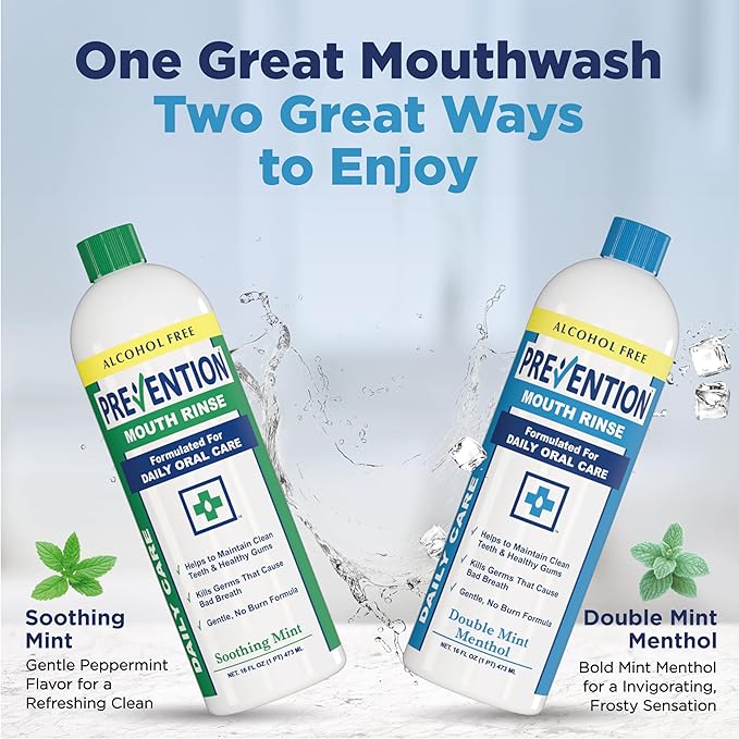 Prevention Daily Care Combo Pack, Alcohol-Free Mouthwash, Hydrogen Peroxide Teeth Whitening, 1 Bottle of Soothing Fresh Mint, 1 Bottle of Double Mint Menthol, Gum Care Oral Mouth Rinse 16 oz 2 Pack.