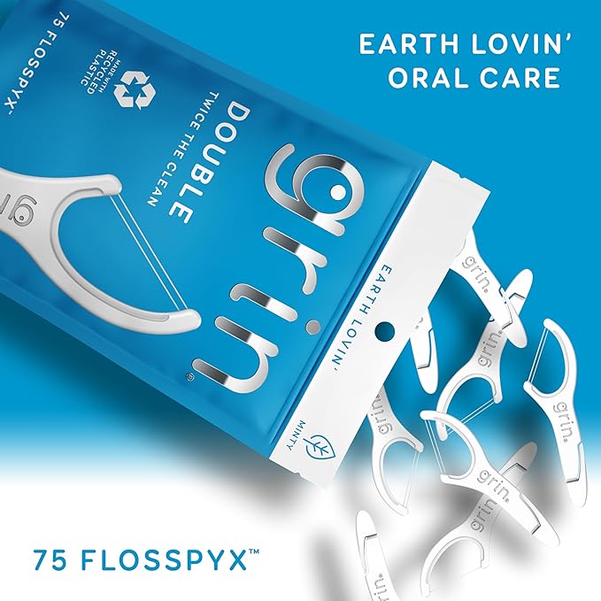 Grin Dental Floss, Minty, 75 Count, Floss Picks | Double Floss Lines | Recycled Plastic | Longer Floss Head | Fold-Back Tooth Pick