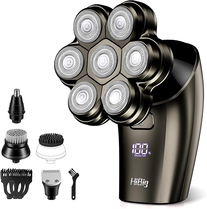 7D Arc Electric Shaver for Head & Body, 5-in-1 Electric Razor, Waterproof Wet/Dry Head Shaver with Magnetic Detachable Head, LED Display Rechargeable Electric Shaving & Grooming Kit, Dark Gray