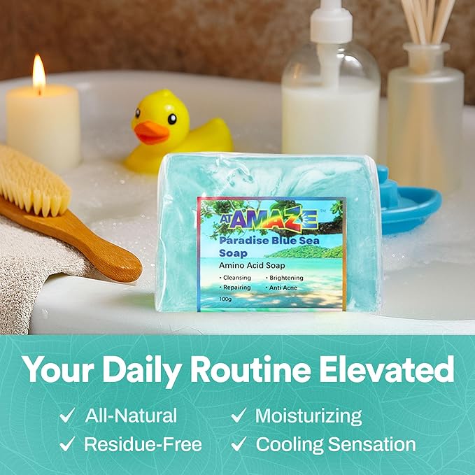 Paradise Amino Acid Organic Soap Bar, Moisturizing, Residue-Free Refreshing Cleanser, Cooling & Invigorating Bath Natural Soap for Women, Men & Kids with Plant-Based Oils, 100g Blue Sea