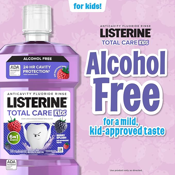 Listerine Total Care Kids Mouthwash, ADA Accepted, Alcohol-Free Anticavity Sodium Fluoride Mouthwash, Oral Rinse for Cavity Protection, Berry Splash Flavor for Kids Oral Care, 16.9 Oz, 6-Pack