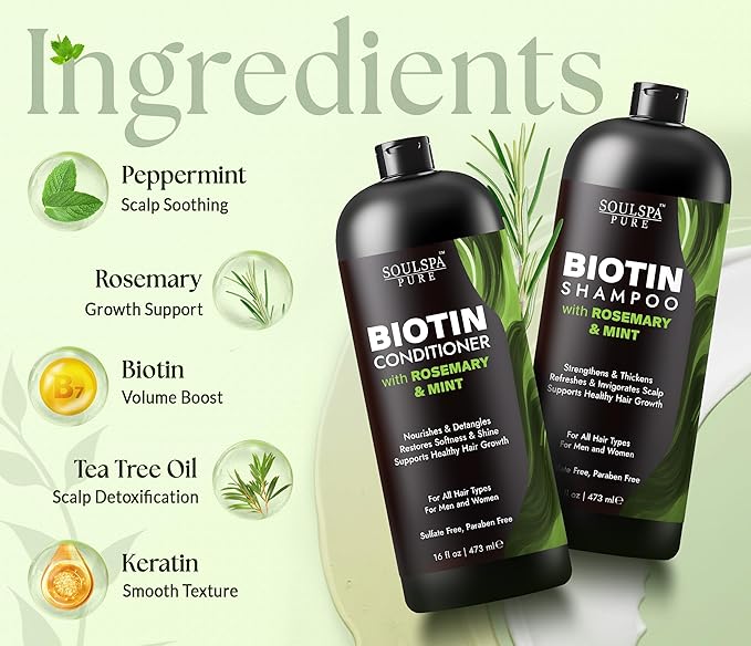 Biotin Rosemary Shampoo and Conditioner Set - Sulfate Free Scalp Care & Hair Strengthening for Thinning, Color-Treated Hair - Rosemary Oil for Men & Women - Made in USA - 16 fl oz Each