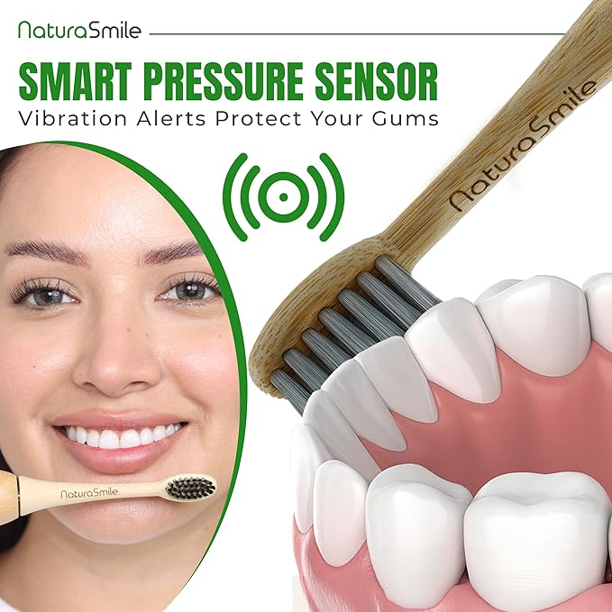 Bamboo Electric Toothbrush for Adult, Sonic Electric Tooth Brush with Pressure Sensor, 4 Biodegradable Heads, 5 Modes, 6-Weeks Battery, Tongue Scraper, Toothpaste Tablets, Travel Bag