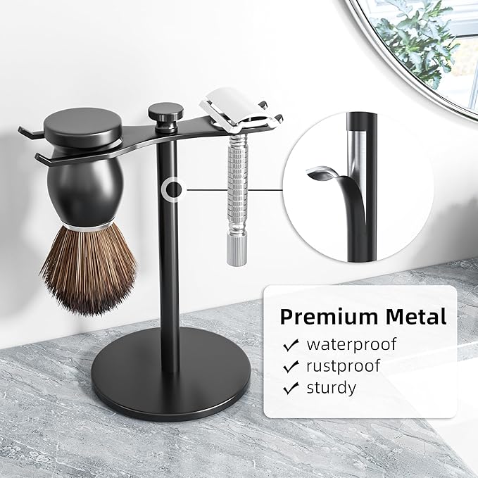 pickpiff Safety Razor Stand With Brush Holder, Black Heavy Duty Metal Shaving Holder for Men, Extra Wide Openings, Fits Most Brushes and All Kinds Of Razors