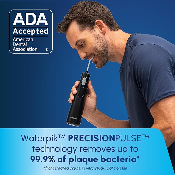 Waterpik Cordless 1100 Rechargeable Portable Water Flosser for Teeth Cleaning and Flossing, Travel, Braces Care, Healthier Gums, Waterproof for Shower, ADA Accepted, WF-30CD Black, Packaging May Vary