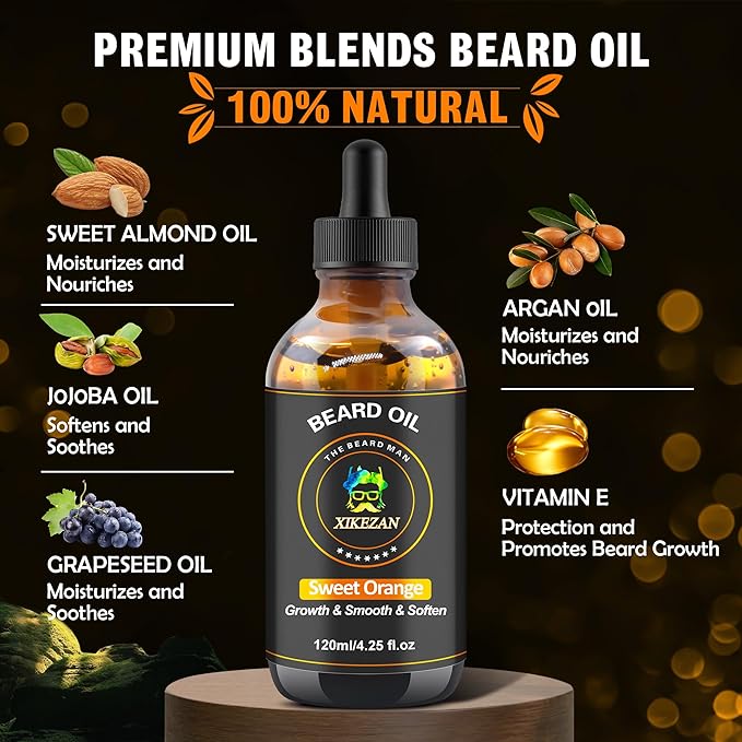 Beard Oil,120ml/4.25fl.oz Oil Promote Large Volume Beard Growth,Leave in Conditioner Beard Care Natural Sweet Orange Scent Mustaches Growth Soften Strength,Gifts for Men Him Dad