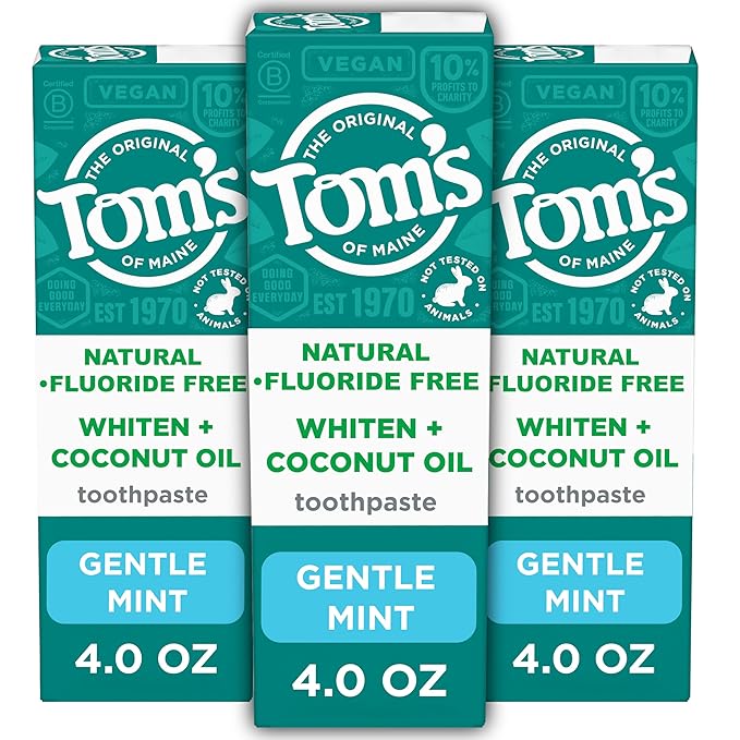 Tom’s of Maine Whiten Plus Coconut Oil Fluoride Free Toothpaste, Natural Whitening Toothpaste with Plant-Based Cleansers, Whitens Without Causing Sensitivity, Gentle Mint, 4.0 Oz (Pack of 3)