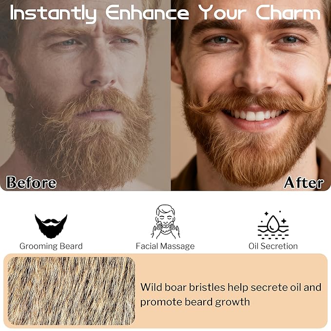 Boar Bristle Beard Brush for Men, 4.2-Inch Black Walnut Wood Handle Military Style, Men's Natural Wooden Boar Bristles Mustache Brush