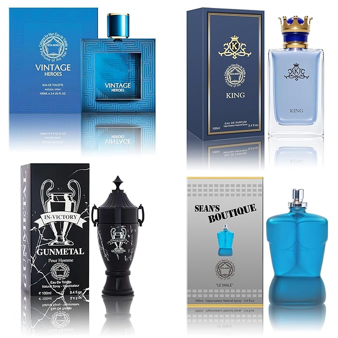Cologne for Men Set (100ml x 4PCS Variety Pack Vintage Heroes,King,Sean's Boutique,Victory Gunmetal) Eau De Perfume Notes of Woody, Spicy, Citrus & Aromatic Long Lasting Perfume for Men All Day Use