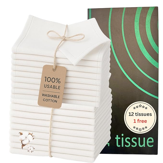 12 Reusable Tissues with 1 extra tissue, Travel Size Cloth Tissue Pack Made of Soft Cotton- Washable Facial White handkerchiefs - Eco Friendly Fabric with Zero Waste Cloths
