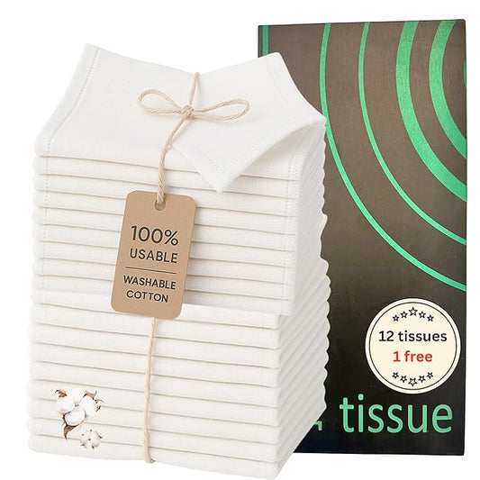 12 Reusable Tissues with 1 extra tissue, Travel Size Cloth Tissue Pack Made of Soft Cotton- Washable Facial White handkerchiefs - Eco Friendly Fabric with Zero Waste Cloths