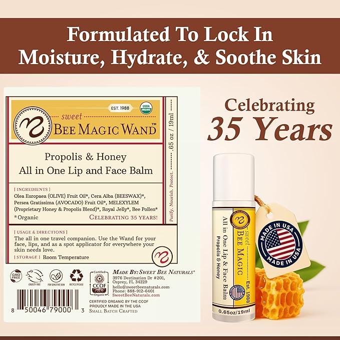Sweet Bee Naturals Magic Wand - Certified Organic Lip and Face Moisturizing Wand - Natural Chapstick and Balm Wand for Dry Skin and Lips, Non Petroleum Jelly for All Ages and Skin Types, Pack of 2