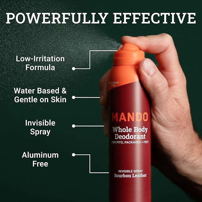 Mando Whole Body Deodorant For Men - Invisible Spray Deodorant - 72 Hour Odor Control - Low Irritation Formula - Aluminum Free, Benzene Free - 3.6 ounce Cans (Pack of 2) - Bourbon Leather