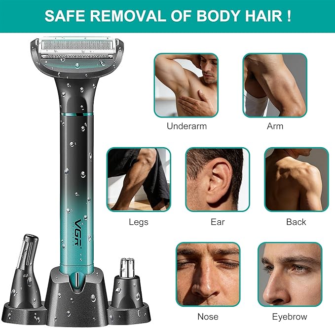 VGR 625 Body Hair Trimmer for Men,3-in-1 Versatile Electric Trimmer for Body/Eyebrow/Beard/Nose/Ear Hair,USB Rechargeable Mens Grooming Kits, IPX5 Waterproof Mens Shaver Portable Travel Set