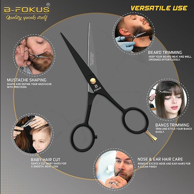 5" Professional Beard and Mustache Scissors, Black Color Beard Scissors Come with 1 Beard Comb, 1 Mustache Comb, 2 Stickers and Durable Pouch. Grooming Scissor for All Facial Hair Scissors (Black)