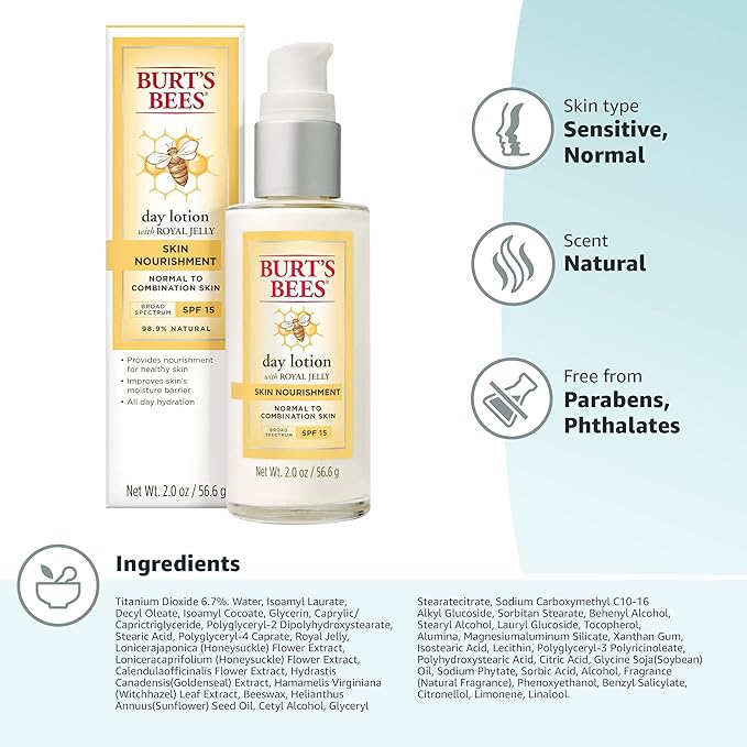 Burt's Bees Skin Nourishment Day Lotion with SPF 15 for Normal to Combination Skin, 2 Oz (Package May Vary)