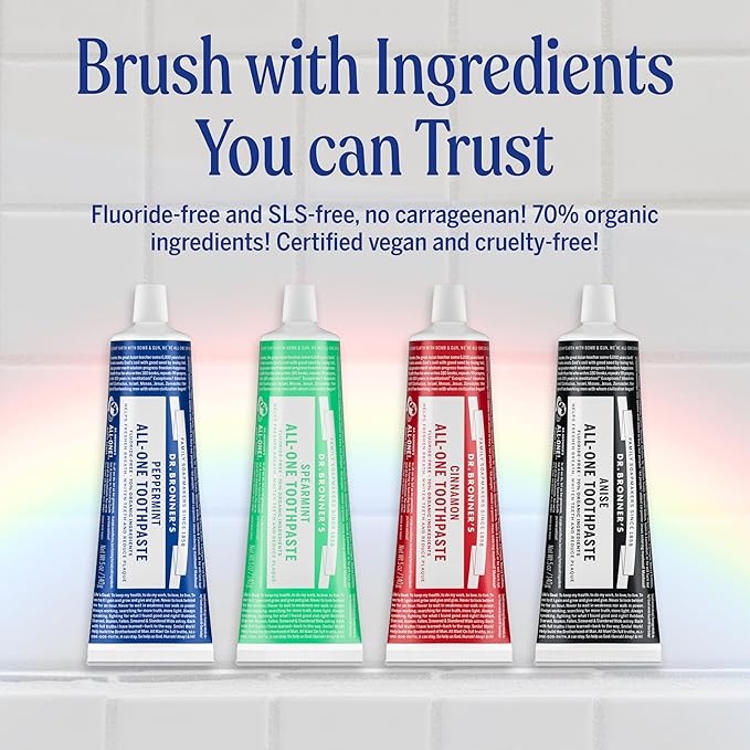 Dr. Bronner’s All-One Toothpaste – Peppermint, 5 oz, 1-Pack – Fluoride-Free Toothpaste for Adults, SLS-Free, 70% Organic & Natural Ingredients, Vegan, Helps Freshen Breath, Reduce Plaque, Whiten Teeth