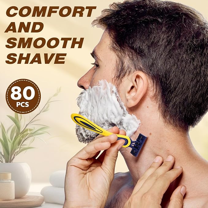 80 Pcs Men's Disposable Razors Bulk 3 blade Disposable Razors Set Sensitive Skin Razor for Men Travel Razors Disposable Head Razor for Hotel Saunas Spa Donations Collective Use Daily