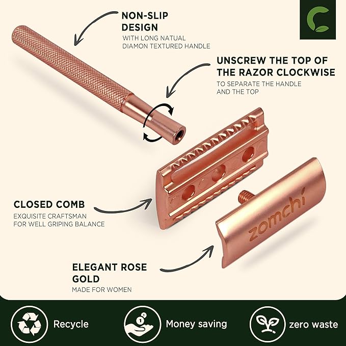 ZOMCHI Single Blade Razors for Women – Reusable Ladies Razor for Legs with 5 Double Edge Safety Razor Blades, Eco-Friendly Manual Shaving Razor - Rose Gold