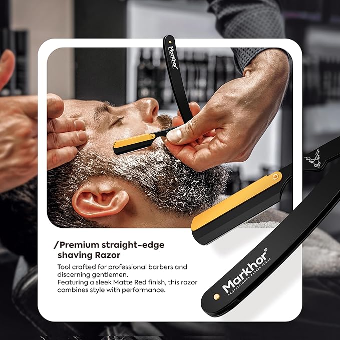 Markhor® Straight Razors for Men with 100 Single Edge Razor Blades | Matte Black with 24k Gold Platted Barber Straight Razor | Straight Edge Razor | Barber Razor Blade | Navajas Para Barbero
