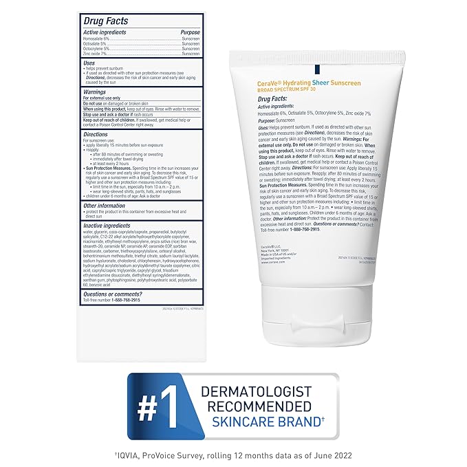 CeraVe Hydrating Sheer Sunscreen with SPF 30 for Face and Body, Mineral & Chemical Sunscreen for Men & Women with Zinc Oxide, Hyaluronic Acid and Ceramides, Paraben-Free + Fragrance-Free, 3 Ounces