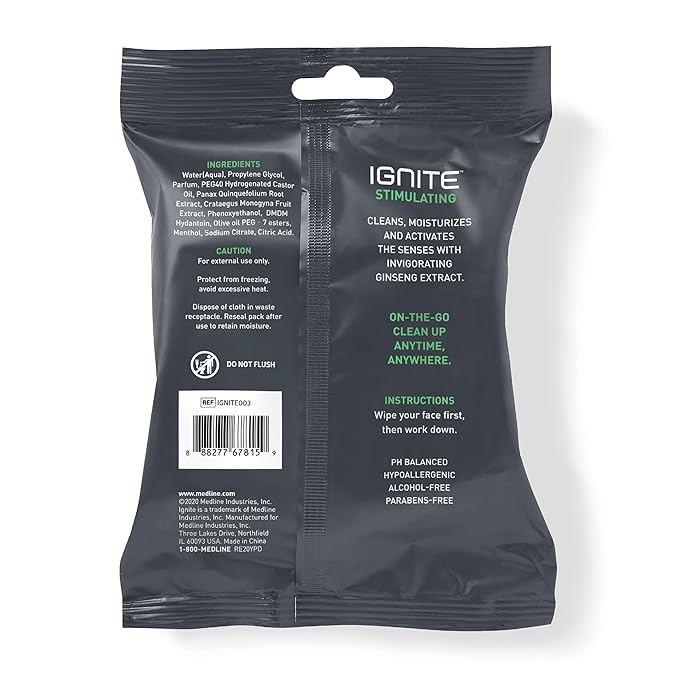 Ignite Mens Body Wet Wipes, Extra Thick 8" x 8" Shower Wipes, Stimulating Scent, 10 Count