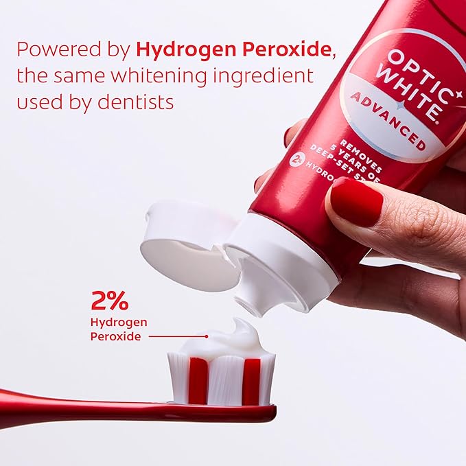 Colgate Optic White Advanced Hydrogen Peroxide Toothpaste Pack, Teeth Whitening Toothpaste, Enamel-Safe Hydrogen Peroxide Formula, Helps Remove Tea, Coffee, and Wine Stains, Icy Fresh, 3 Pack, 3.2 oz