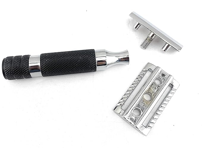 GBS Black Heavy Duty Short Handle Safety Razor - Design Very Tight Tolerances! Chrome Blue Construction, Diamond Pattern, 3 Piece Closed Tooth Design, Comes with Free 10 Blades