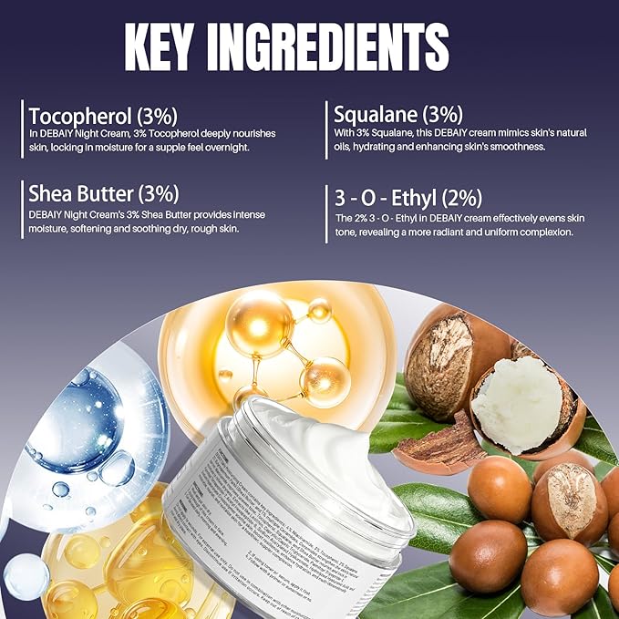 Night Cream Moisturizer Face with 3% Tocopherol, 3% Shea Butter, 2% Vitamin C, 1% Ceramides Boosts Skin Barrier for All Skin Types (3.53oz/100g)