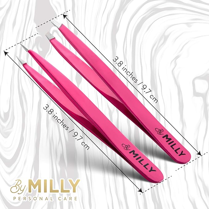 Precision Tweezers Set | Slanted and Pointed Tip Tweezers Kit | High Carbon Stainless Steel | Aligned & Hand-Filed Tweezer Set Professional | Hair Removal & Eyebrow Tweezer Set | Pink