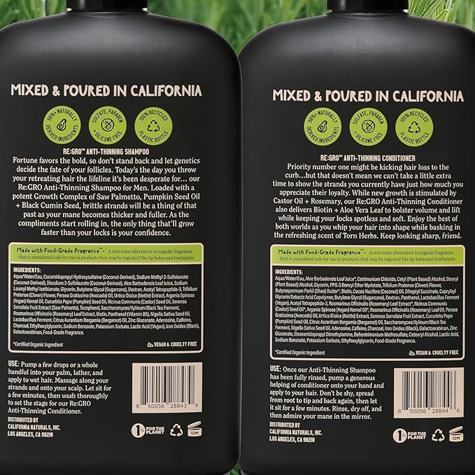 California Naturals Mens Re:Gro Shampoo and Conditioner Set, Anti-Thinning & Hair Growth Support, All Hair Types, Vegan, Natural, Cruelty, Silicone, Paraben & Sulfate Free for Men, 20 fl oz