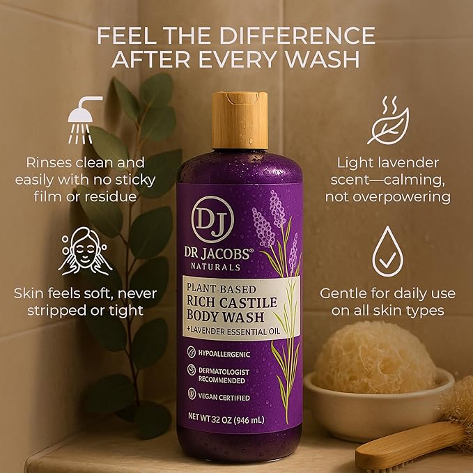 Dr. Jacobs Naturals Pure Castile Soap Liquid Body Wash, Lavender - Plant Based Soap Infused with Vitamin E and Aloe Vera to Moisturize Dry and Sensitive Skin - Made in The USA - 32 oz, Pack of 1