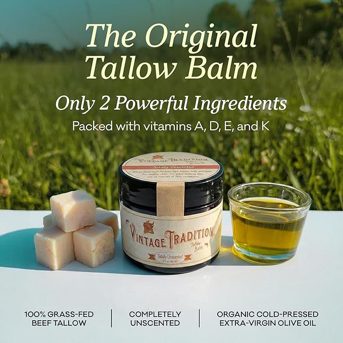 Vintage Tradition Beef Tallow Balm for Skin Care - Unscented, All Purpose Balm for Sensitive Skin Heals and Hydrates with Olive Oil + Tallow from Grass-Fed Cows - Beef Tallow for Skin, 2 fl. oz.