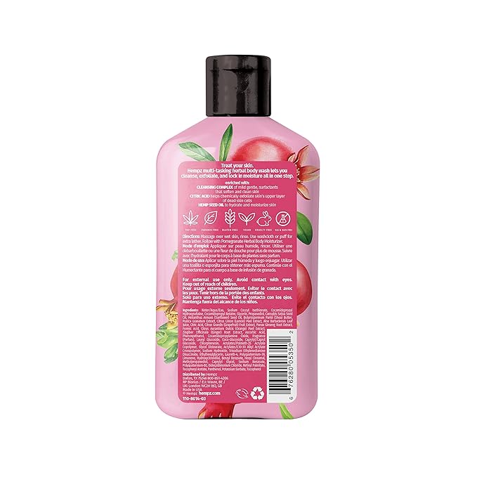 Hempz Body Wash - Pomegranate - Hydrating for Sensitive Skin, Scented, Exfoliating with Shea Butter, Pure Hemp Seed Oil, and Algae for Sensitive Skin - 17 fl oz