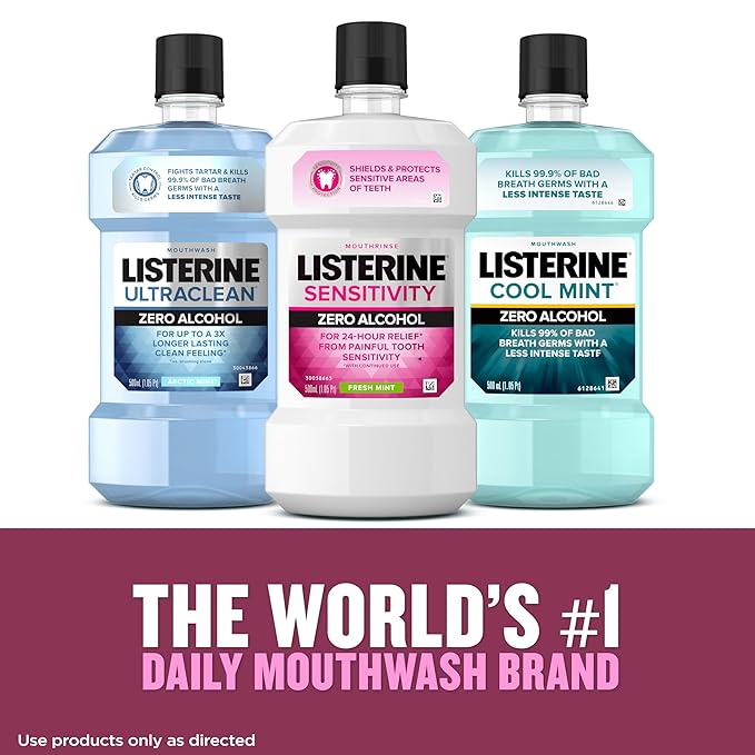 Listerine Sensitivity Alcohol Free Mouthwash, for Sensitive Teeth, Bad Breath Treatment, Oral Rinse for Adults; Fresh Mint Flavor, 500 mL, 2 Pack
