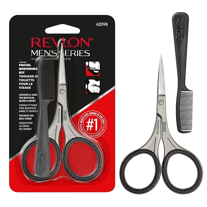 Revlon Men's Beard Grooming Kit, Mustache Trimming Scissors and Facial Hair Comb, Travel Essentials, Stainless Steel Blade, 1 pack