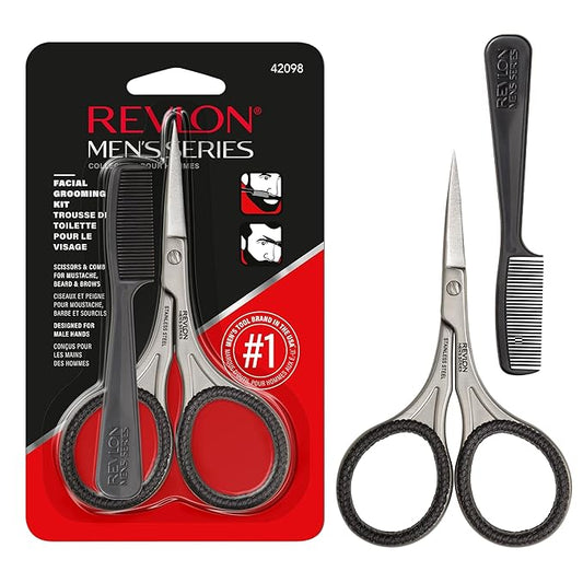 Revlon Men's Beard Grooming Kit, Mustache Trimming Scissors and Facial Hair Comb, Travel Essentials, Stainless Steel Blade, 1 pack