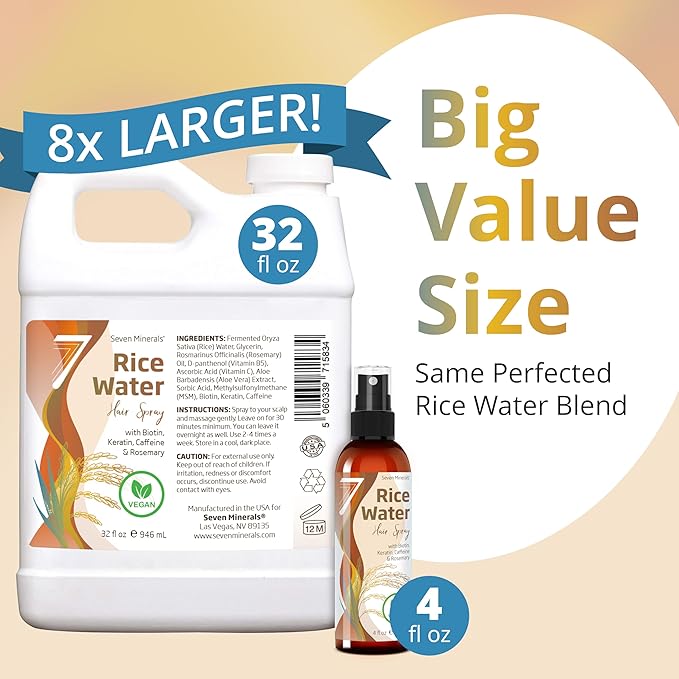 Fermented Rice Water for Hair Growth - Infused with Rosemary, Biotin, Caffeine, Keratin Vegan Non-Greasy Spray Naturally Thicker, Longer, Softer Men & Women (32 fl oz Jug)