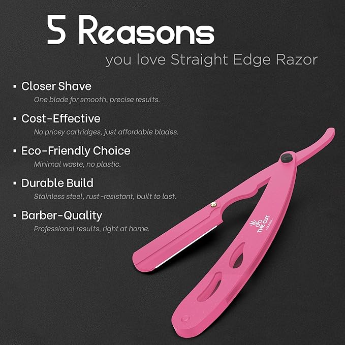 The Cut- Factory- Straight Razor with 20 Pack Platinum Treat Single Blade Razors for Men- Professional Barber Straight Edge Razor for Close Shaving 100 Percent Stainless Steel, Pink