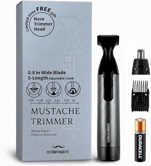 URBANER Mustache Trimmer with Extra Nose&Ear Trimmer Head– 0.8" Wide Blade, Waterproof & Adjustable, 0.08”-0.55” Precision Settings, Japanese Motor