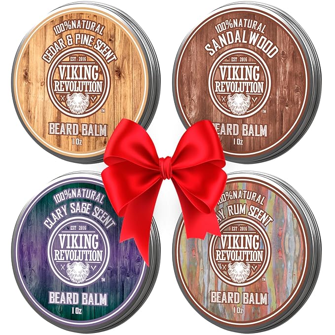 Viking Revolution 4 Beard Balm Variety Pack (1oz Each) - Sandalwood, Pine & Cedar, Bay Rum, Clary Sage - Styles, Strengthens and Softens Beards and Mustaches - Wax for Men