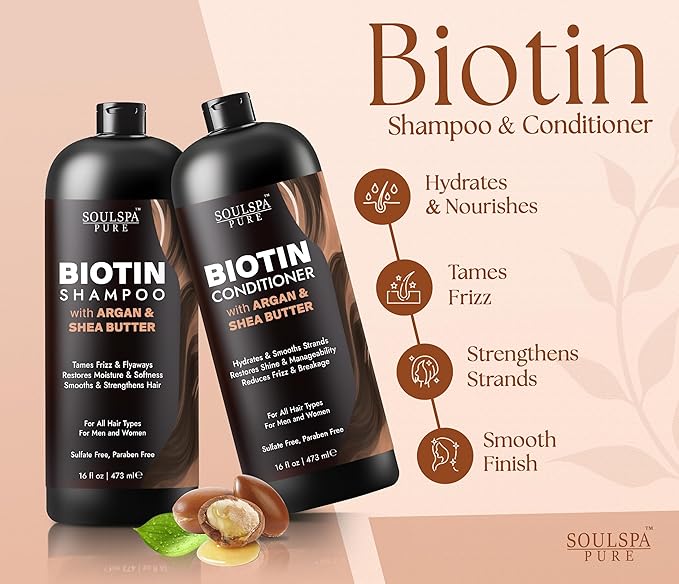 Biotin Argan Oil Shampoo and Conditioner Set - Shea Butter Moisturizing Formula for Curly, Dry & Damaged Hair - Deep Hydration for Men & Women - Made in USA - 16 fl oz Each