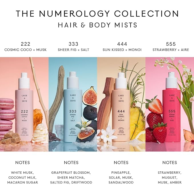 Lake & Skye Limited Edition Hair & Body Mist Discovery Set, 4 x 1 OZ, 222 Cosmic Coco + Musk, 333 Sheer Fig + Salt, 444 Sunkissed + Monoi, 555 Strawberry + Aire, Vegan, Paraben-Free