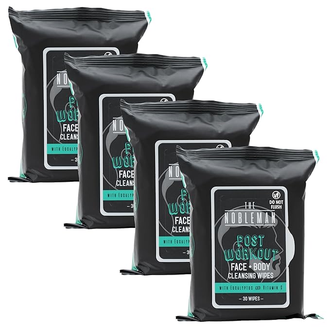 The Nobleman 4-Pack Face + Body Cleansing Wipes: 4 Post Workout Packs with Eucalyptus and Vitamin C (120 Ct.)