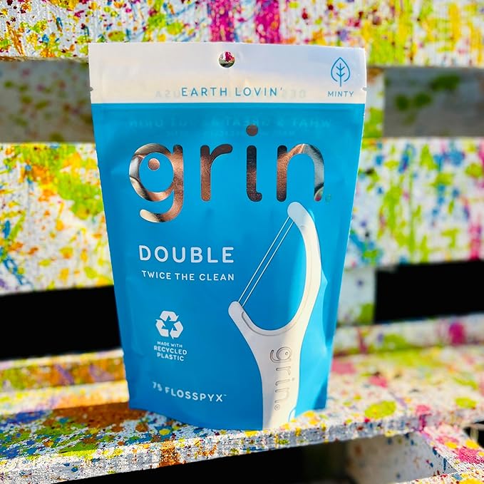 GRIN Double Flosspyx, Floss Picks, 75 Count, Dental Flossers, Minty Flavor, Recycled Plastic, 2 Lines of Strong Floss, Longer Floss Head, Traps Food and Plaque, Includes Safe Soft Fold-Back Tooth Pick