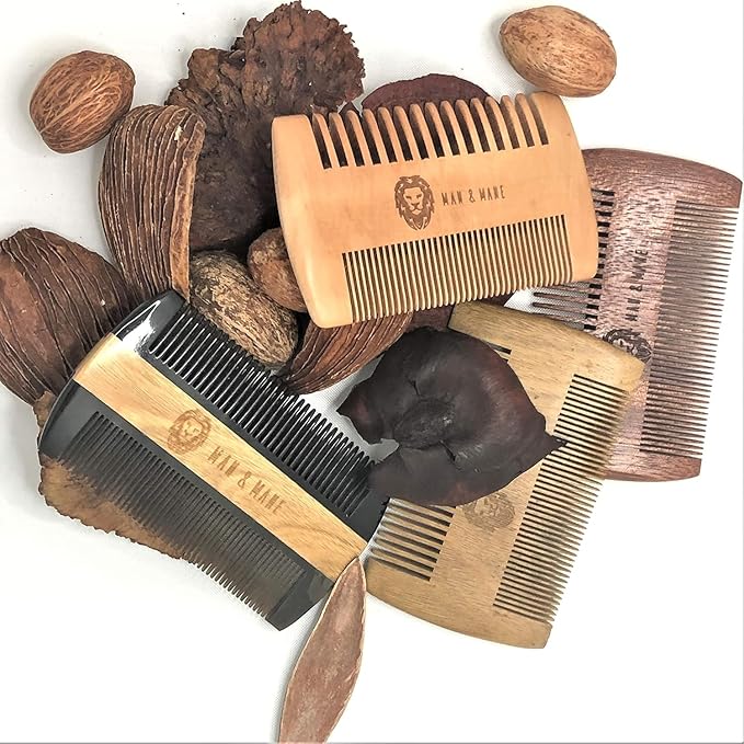 Premium Natural Ox horn and Sandalwood Beard Comb Dual-Action | Double Sided Beard & Mustache Comb with Black Protective Case | Perfect Grooming Companion & Gift for Men – by Man & Mane